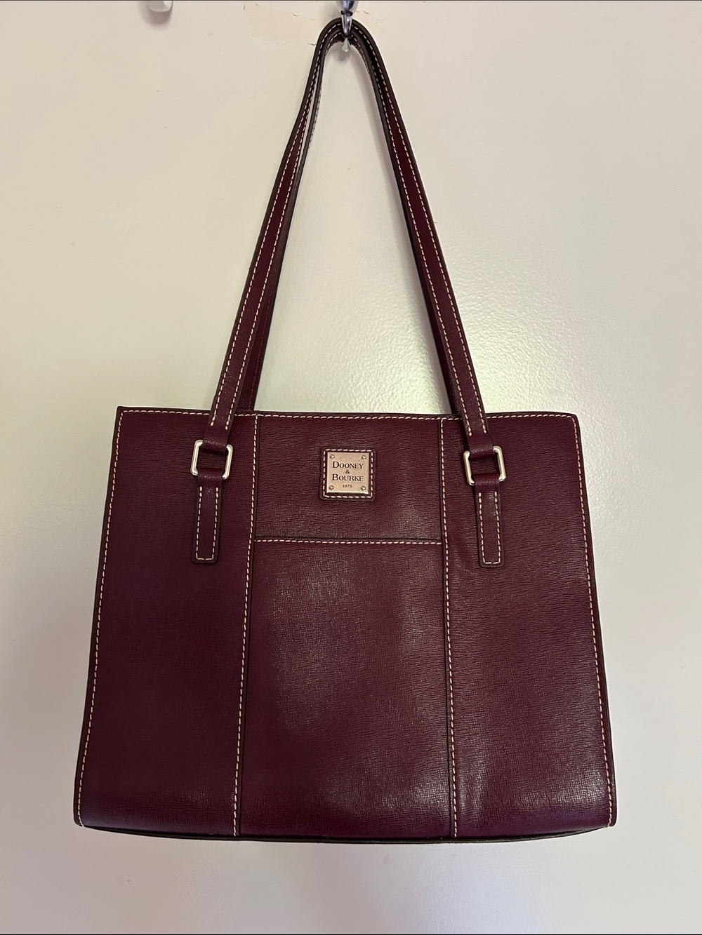 Dooney & Bourke Wine Leather Tote with Contrast Stitching